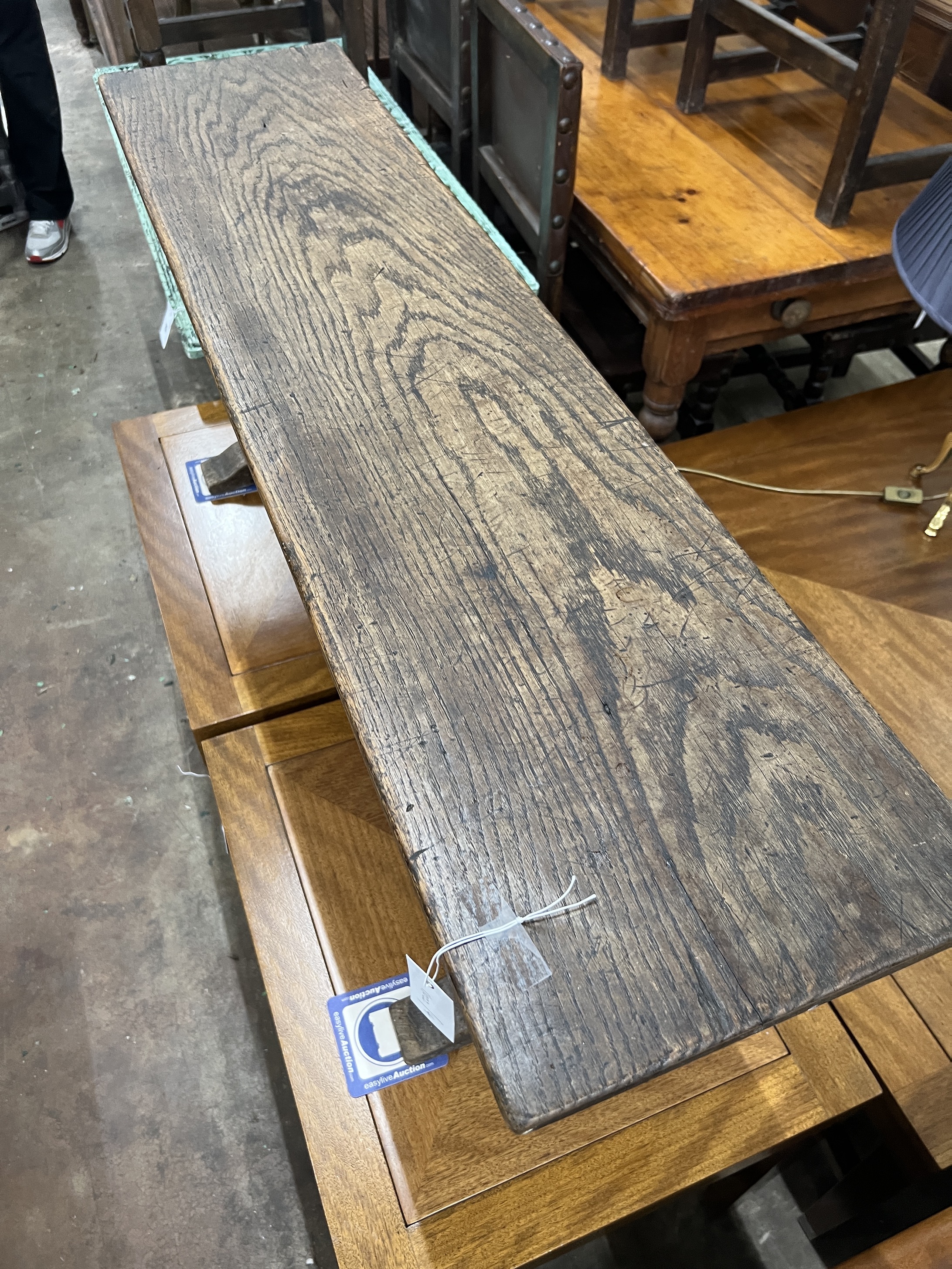 An 18th century style rectangular oak bench, width 122cm, depth 30cm, height 47cm